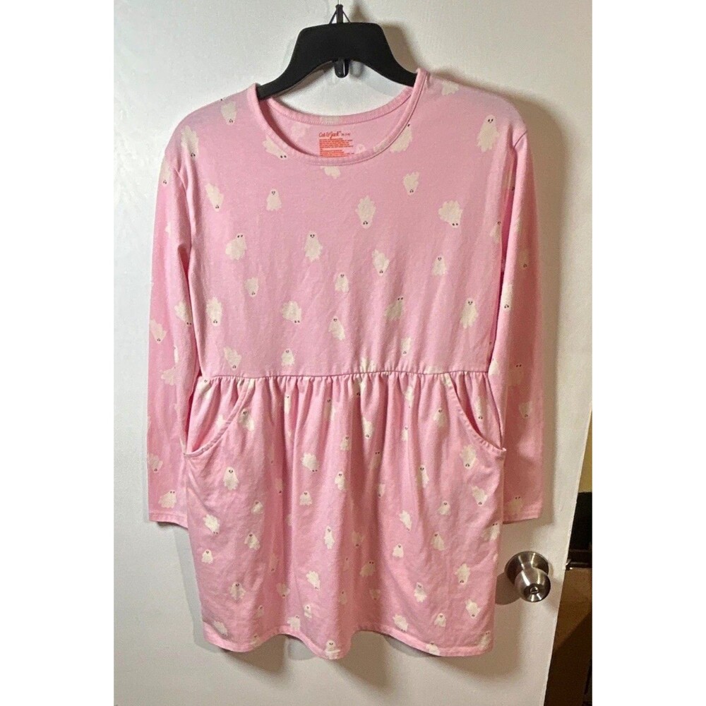 Cat & Jack Girls 14 Pink Ghost Halloween Knit Dress Long Sleeve Pockets